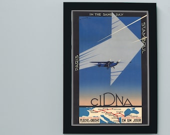 Vintage CIDNA Airline Poster: Paris to Istanbul Travel Map Art Print