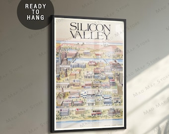 1986 Silicon Valley Pictorial Map Poster: Framed Canvas Art