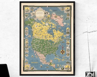 1945 North America Pictorial Map: Vintage Art Deco Print