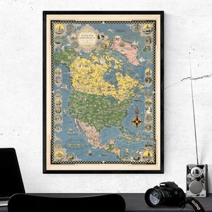 1945 Nordamerika Karte - Vintage USA Karte Print - Nordamerika Poster - Vereinigte Staaten Wandkunst - Art Deco Karte - Antik Vintage Bild Landkarte