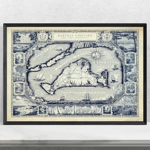 1954 Martha’s Vineyard Carte - vintage Blueline Print - Dukes County Massachusetts Map - Blueprint Poster Wall Art - Vineyard Print Home Decor