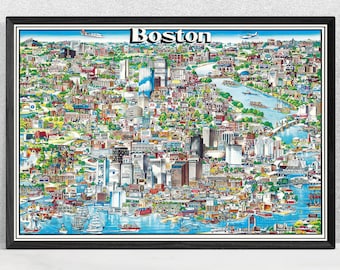 Vintage Boston Map Print: 1980s Pictorial City Art