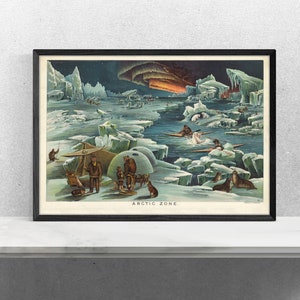 May include: A vintage illustration depicting an Arctic scene with people in traditional clothing, dogs, and a polar bear. The scene is set against a backdrop of ice floes and a vibrant aurora borealis in the sky. The text "ARCTIC ZONE" is printed at the bottom of the image.