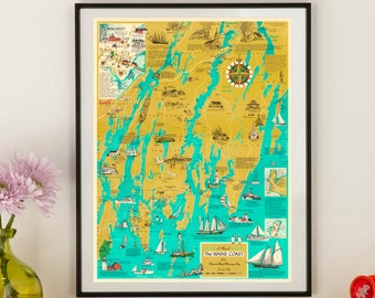 Stampa della mappa della costa del Maine del 1968: arte murale nautica d'epoca