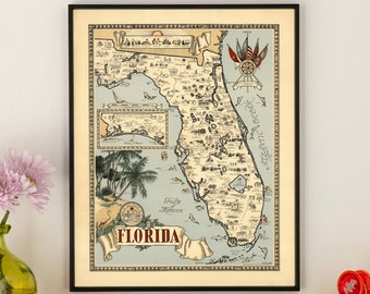 1953 Florida Pictorial Map Print - Vintage Florida Print - Florida Poster - Florida Wall Art - Wall Decor Map Art - Old Map Poster Prints