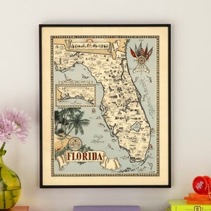 1953 Florida Pictorial Map Print - Vintage Florida Print - Florida Poster - Florida Wall Art - Wall Decor Map Art - Old Map Poster Prints