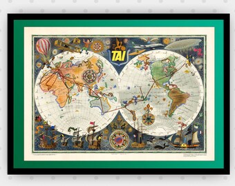 Vintage Antique Global Air France World Map Airline Plane on photo paper Matte paper Canvas Art Home Decor Giclee Print