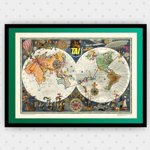 1960 Weltkarte Druck - Vintage Halbkugel Druck Kunst - Französische Weltkarte - Bunte Landkarte - Wanddekor Druck Kunst - Airline Reiseposter