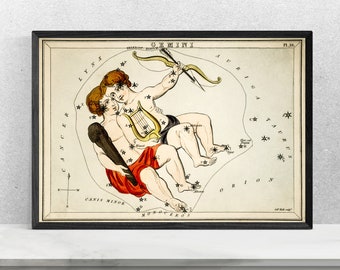 Impressão artística vintage do signo de Gêmeos: Mapa estelar da constelação