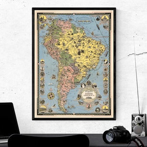 1942 Südamerika Karte - Vintage Lateinamerika Karte Print - Altes Südamerika Poster - Historische Wandkunst - Antike Vintage Bildliche Karte