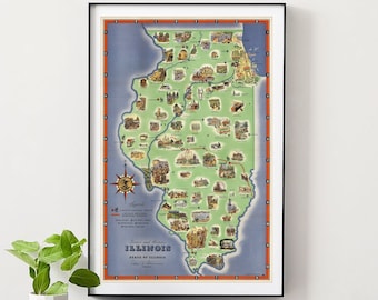 1949 Illinois Pictorial Map Print: Vintage Wall Art