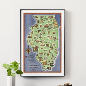 Illinois Karte 1949 Druck - Malerische & historische Illinois Karte - Vintage Illinois Poster - Bildliche Karte Drucken - Illinois Karte Wandkunst - Stadtplan