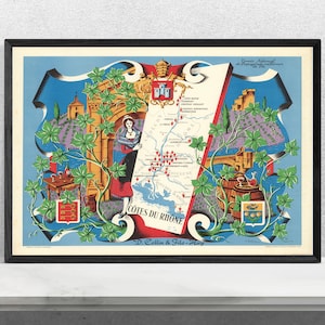 1950 Vintage Elzas, Loire-vallei Kaart - Wijngaard regio's van Frankrijk - Art Deco Stijl Poster - Picturale Kaart Poster Print - Muur Decor Kaart Art