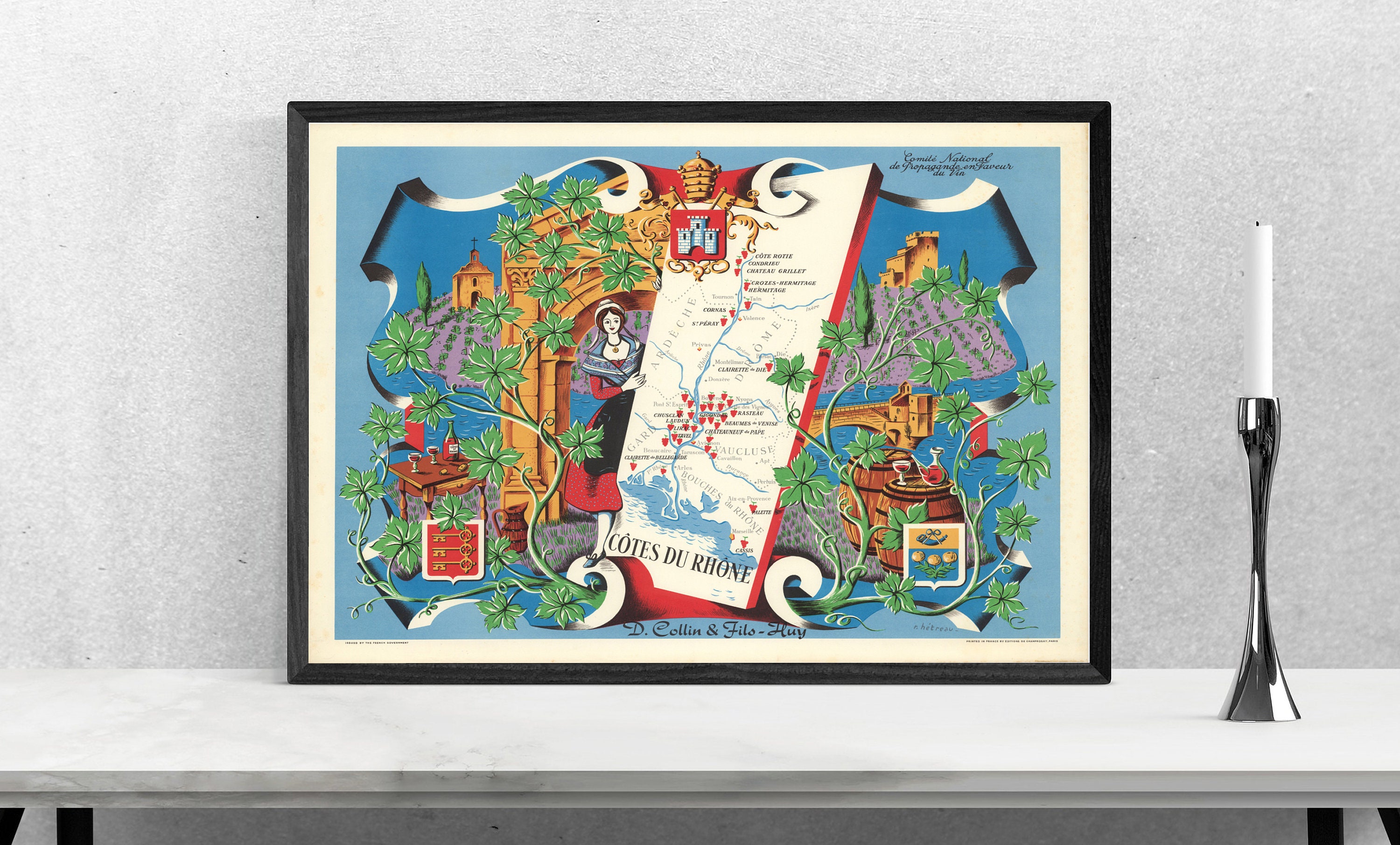 1950 Vintage Alsace, Loire Valley Map - Vineyard regions of France - Art Deco Style Poster - Pictorial Map Poster Print - Wall Decor Map Art