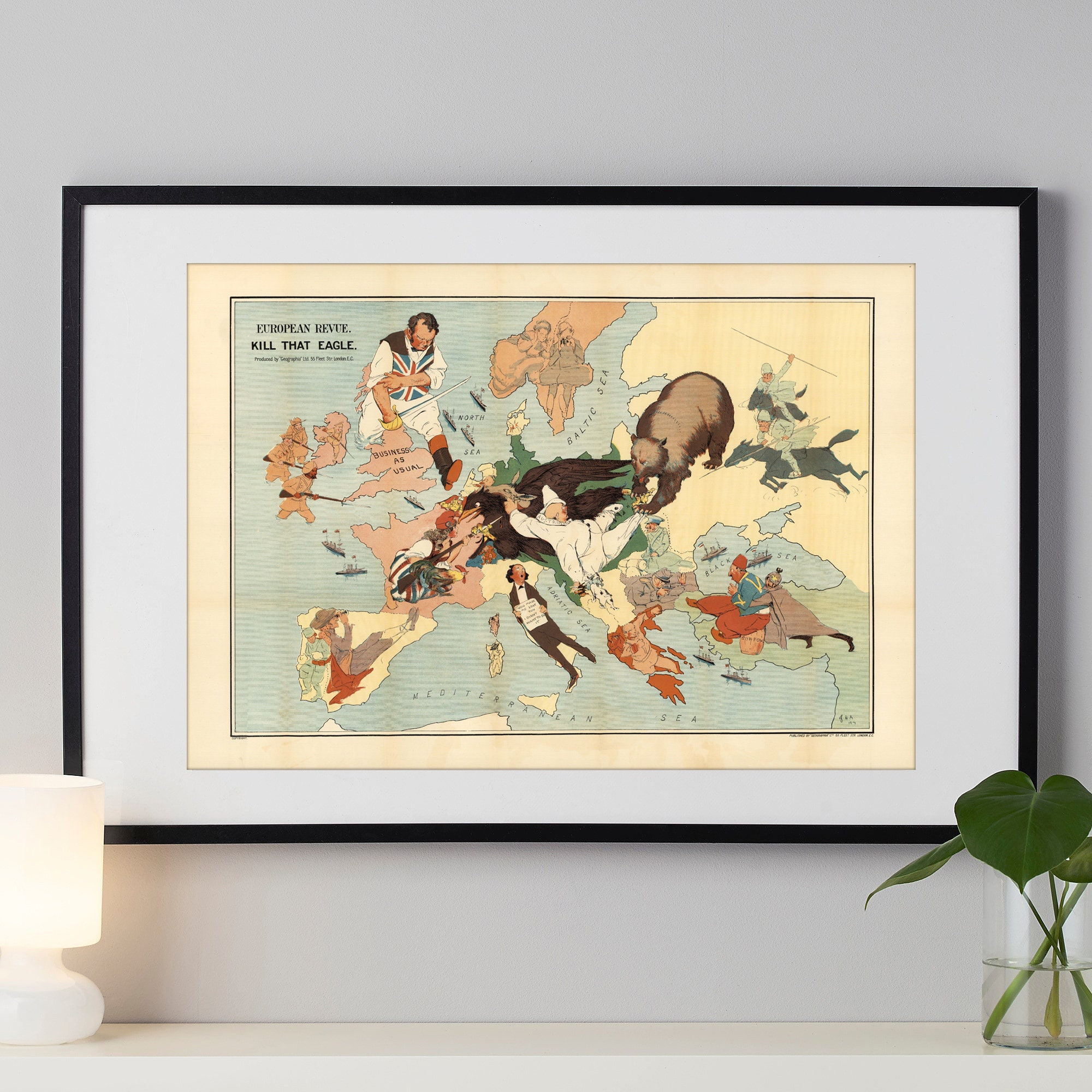 1914 WW1 Map - Vintage Pictorial Cartoon Map - Europe War Poster Print ...