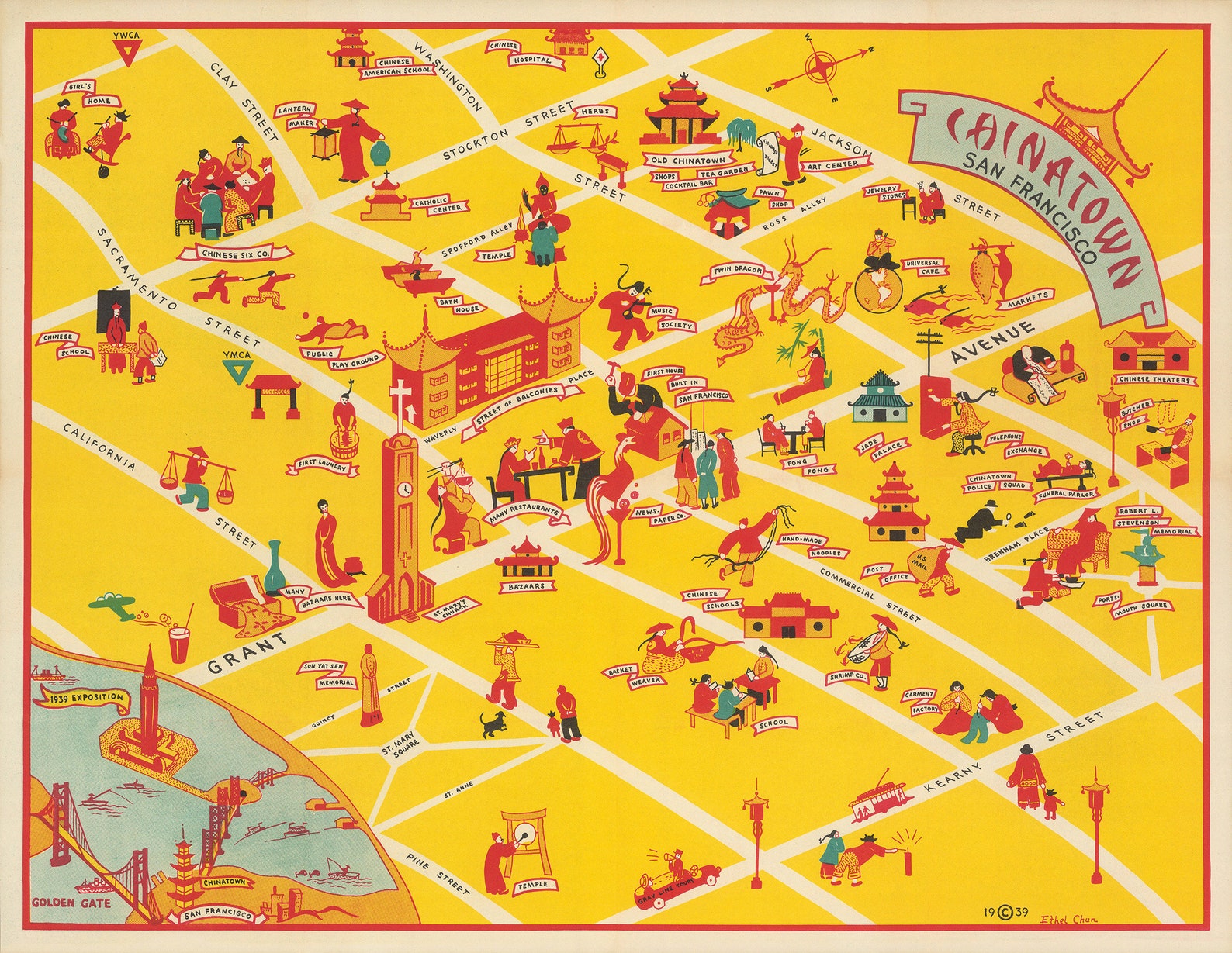 1939 Vintage Chinatown Map San Francisco Chinatown Poster Map Print Illustrated Chinatown Poster 