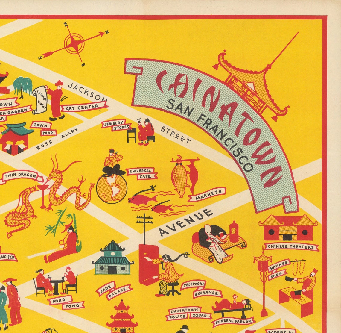 1939 Vintage Chinatown Map San Francisco Chinatown Poster Map Print Illustrated Chinatown Poster 