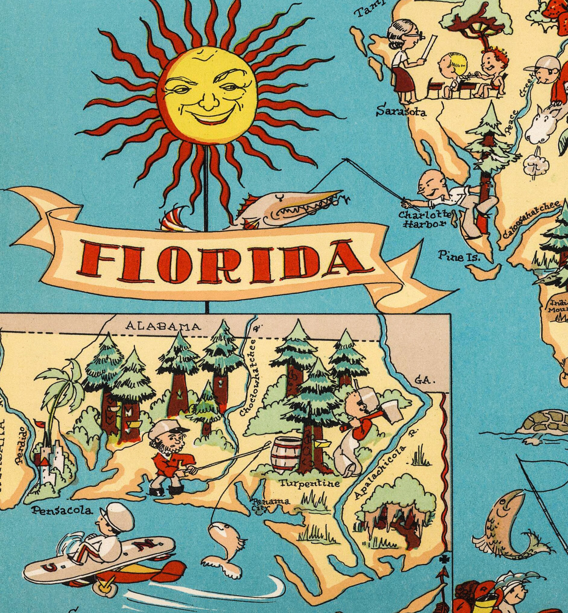 1935 Florida Map Print Florida State Pictorial Map Cartoon - Etsy