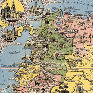 May include: A vintage illustrated map of South America, featuring various cities and landmarks. The map is drawn in a colourful cartoon style with a yellow background and green, blue, and pink accents. The map includes text labels for each city and country, as well as illustrations of animals, plants, and buildings.