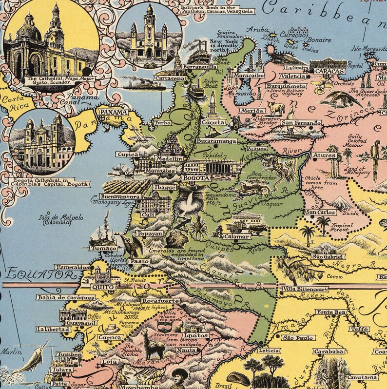 May include: A vintage illustrated map of South America, featuring various cities and landmarks. The map is drawn in a colourful cartoon style with a yellow background and green, blue, and pink accents. The map includes text labels for each city and country, as well as illustrations of animals, plants, and buildings.