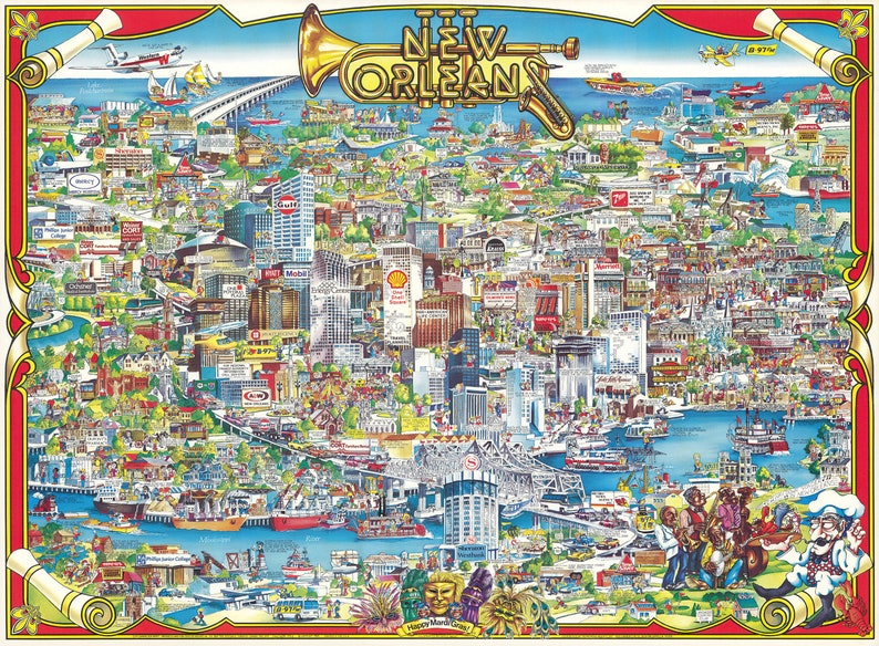 1983 New Orleans Map Vintage Pictorial Map Poster Print New Orleans