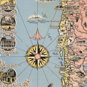 May include: A vintage illustrated map of South America with a compass at its centre. The map features various landmarks and cities, including Santiago, Valparaiso, and Puerto Montt. The map is surrounded by circular illustrations of different locations, including a cathedral, a mountain range, and a colonial building.