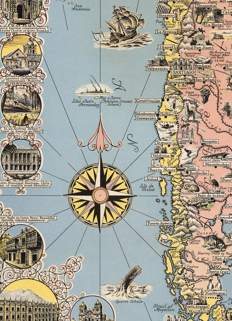 May include: A vintage illustrated map of South America with a compass at its centre. The map features various landmarks and cities, including Santiago, Valparaiso, and Puerto Montt. The map is surrounded by circular illustrations of different locations, including a cathedral, a mountain range, and a colonial building.