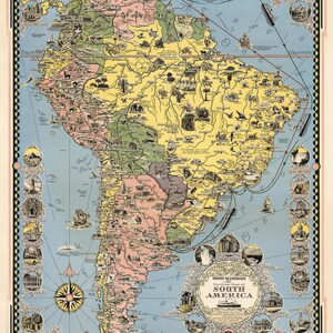 May include: A vintage pictorial map of South America featuring illustrations of landmarks, animals, and transport. The map is on a blue background with a yellow, green, and pink landmass. The map includes a scale of miles and a compass.