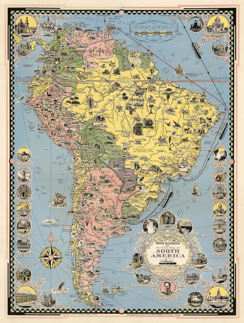 May include: A vintage pictorial map of South America featuring illustrations of landmarks, animals, and transport. The map is on a blue background with a yellow, green, and pink landmass. The map includes a scale of miles and a compass.