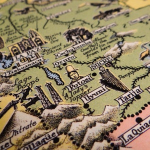 May include: A vintage map of South America, focusing on Bolivia. The map is hand-drawn and features illustrations of various landmarks and cities, including La Paz, Potosi, Sucre, and Uyuni. The map is printed on aged paper with a green background.