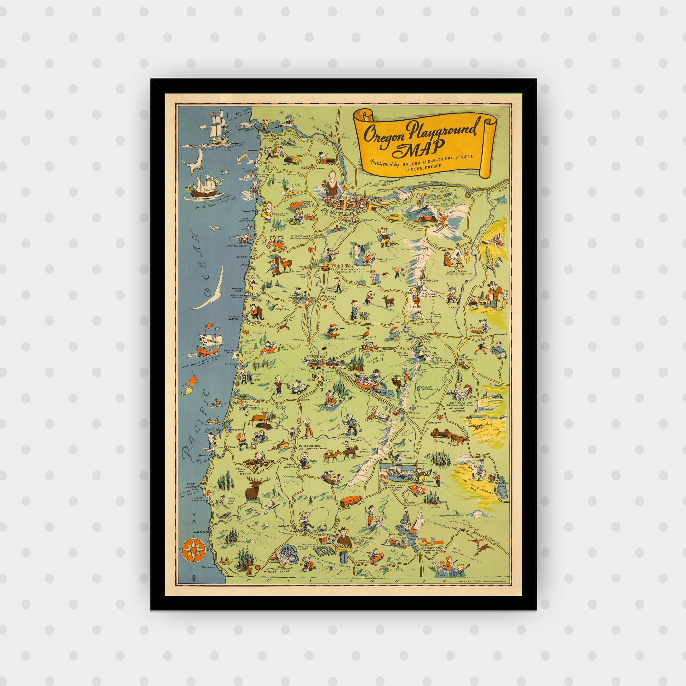 1936 Oregon Map Poster  - Vintage Oregon Playground Print - Oregon Pictorial Map Print - Oregon Wall Art Decor - Reproduction Map Art Poster