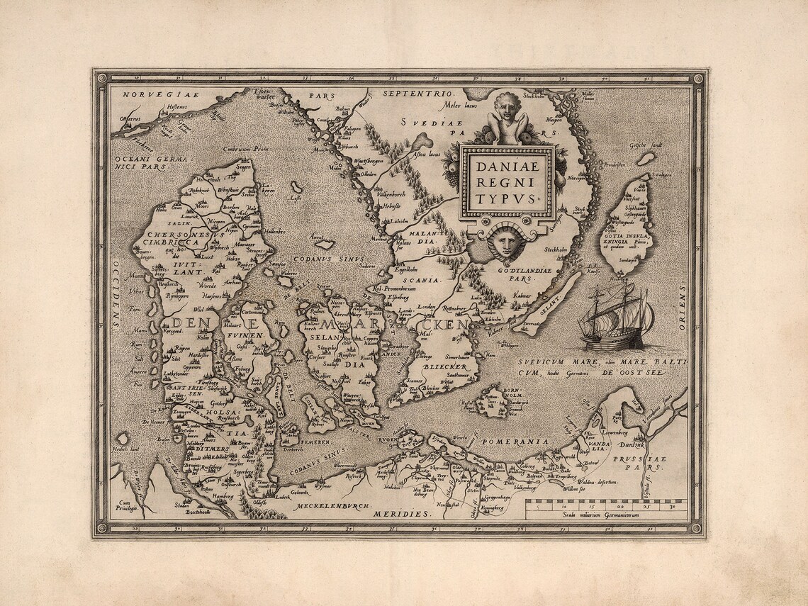 1570 Kingdom of Denmark Map Vintage Denmark/Sweden/Germany Etsy