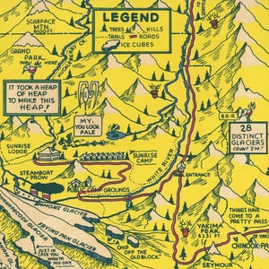 May include: A vintage illustrated map of a national park with a yellow background and red, blue, and black lines. The map shows the location of various landmarks, including a campground, a lake, and a mountain peak. The map also includes text labels, such as "Sunrise Camp" and "Yakima Peak".