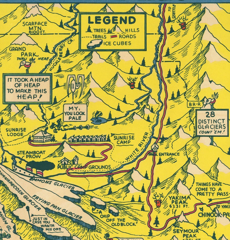 May include: A vintage illustrated map of a national park with a yellow background and red, blue, and black lines. The map shows the location of various landmarks, including a campground, a lake, and a mountain peak. The map also includes text labels, such as "Sunrise Camp" and "Yakima Peak".