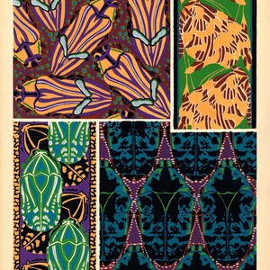 K&ouml;nnte beinhalten: Ein Vintage-Kunstdruck mit mehreren Insektenmustern. Die Designs umfassen stilisierte K&auml;fer in verschiedenen Farbschemata, wie Orange und Lila, sowie T&uuml;rkis und Schwarz. Der Druck hat einen cremefarbenen Hintergrund und die Signatur des K&uuml;nstlers.