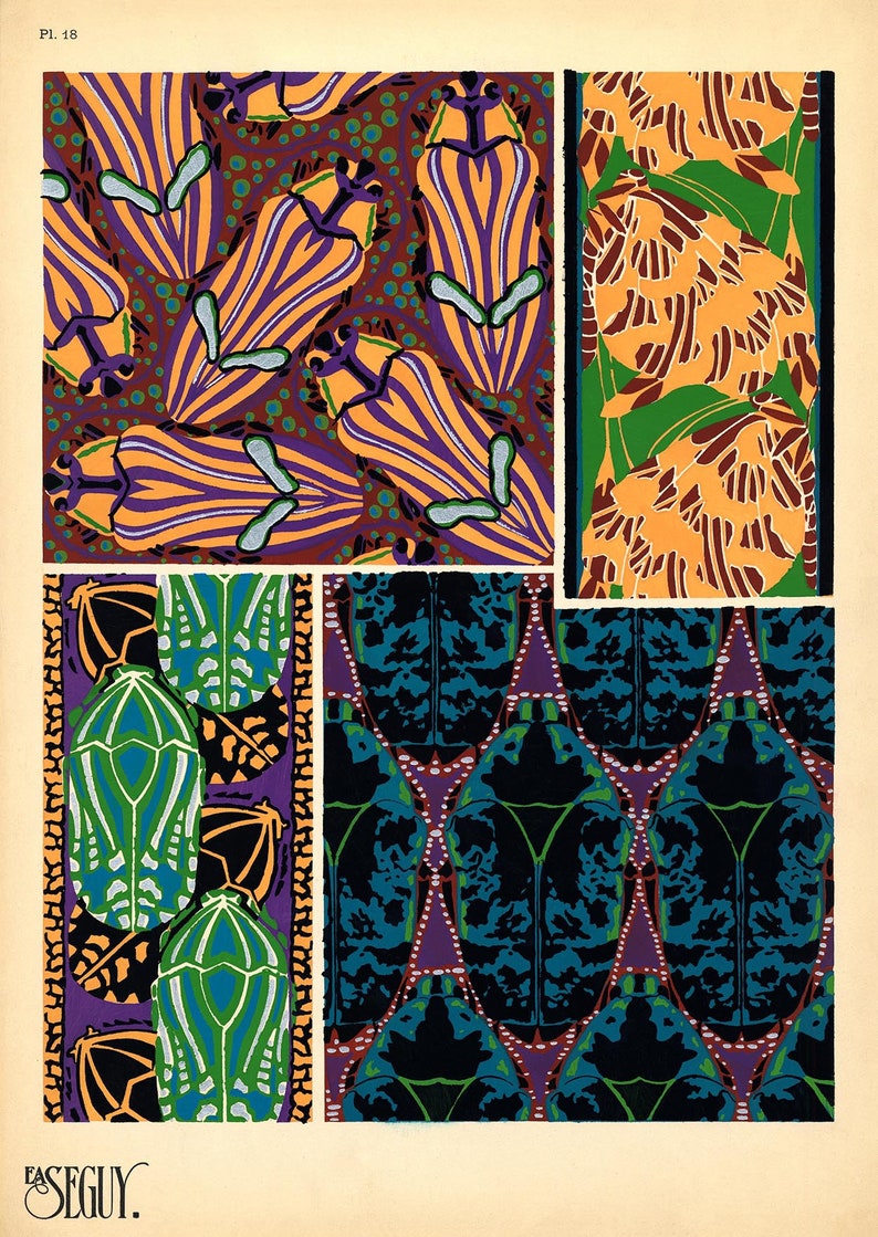 K&ouml;nnte beinhalten: Ein Vintage-Kunstdruck mit mehreren Insektenmustern. Die Designs umfassen stilisierte K&auml;fer in verschiedenen Farbschemata, wie Orange und Lila, sowie T&uuml;rkis und Schwarz. Der Druck hat einen cremefarbenen Hintergrund und die Signatur des K&uuml;nstlers.