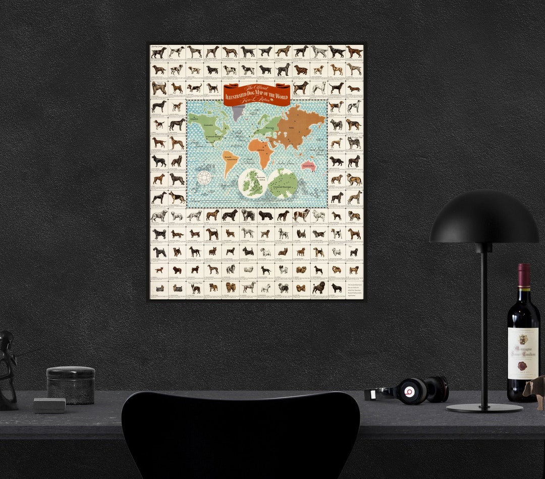 1967 Dog Map of the World Vintage Dogs Illustrations Dogs Poster Print