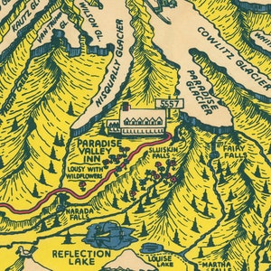 May include: A vintage map of Paradise Valley Inn in Mount Rainier National Park, Washington. The map shows the location of the inn, trails, and nearby attractions, including Narada Falls, Reflection Lake, and Paradise Glacier. The map is drawn in a cartoon style with green and yellow colors.