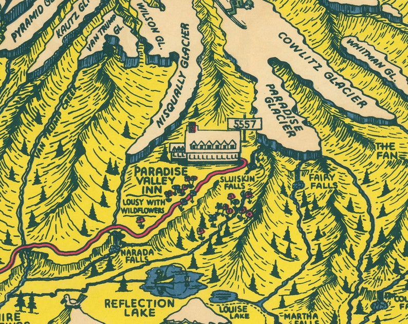 May include: A vintage map of Paradise Valley Inn in Mount Rainier National Park, Washington. The map shows the location of the inn, trails, and nearby attractions, including Narada Falls, Reflection Lake, and Paradise Glacier. The map is drawn in a cartoon style with green and yellow colors.
