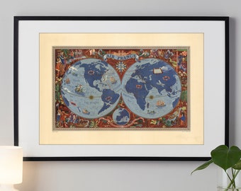 1952 Vintage World Map - Air France Airlines Routes Map Print - From Paris to World - Vintage Map Wall Art - Illustrated World Map Poster