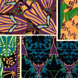 K&ouml;nnte beinhalten: Ein farbenfrohes abstraktes Muster mit verschiedenen geometrischen Formen und organischen Formen. Das Design zeigt eine Mischung aus Farben, darunter Orange, Lila, Gr&uuml;n und T&uuml;rkis, wodurch eine lebendige Komposition entsteht. Das Kunstwerk hat einen Vintage- und k&uuml;nstlerischen Charakter.