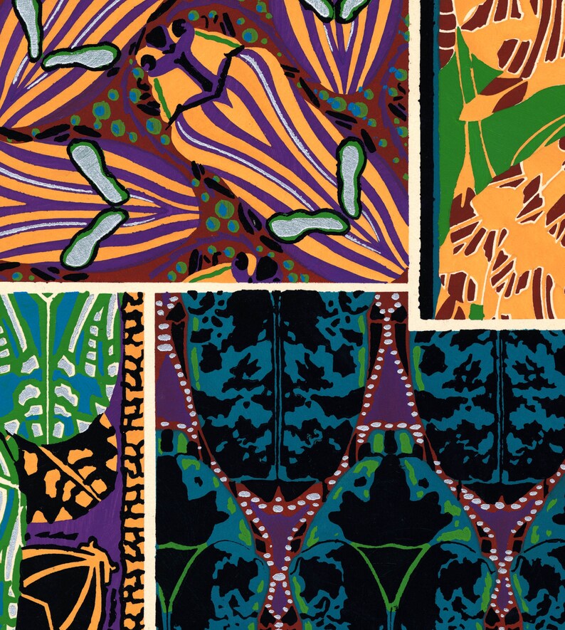 K&ouml;nnte beinhalten: Ein farbenfrohes abstraktes Muster mit verschiedenen geometrischen Formen und organischen Formen. Das Design zeigt eine Mischung aus Farben, darunter Orange, Lila, Gr&uuml;n und T&uuml;rkis, wodurch eine lebendige Komposition entsteht. Das Kunstwerk hat einen Vintage- und k&uuml;nstlerischen Charakter.