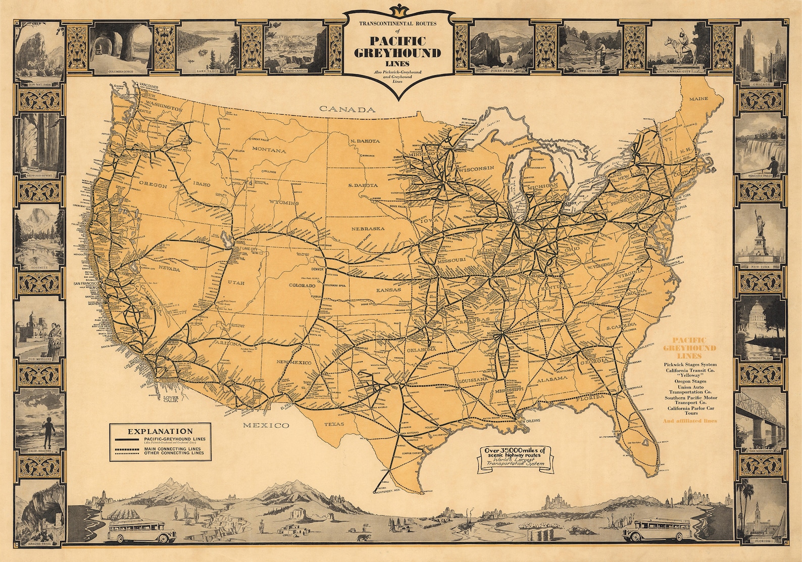 1935 Vintage United States Map Transcontinental Routes of USA Map Poster Vintage Map Wall Art