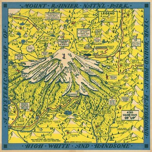 May include: A vintage illustrated map of Mount Rainier National Park in Washington state. The map features a yellow background with green and brown outlines of mountains, rivers, and trails. The map includes the names of various landmarks, including Columbia Crest, Sunrise Lodge, and Longmire's. The text "High, White and Handsome" is at the bottom of the map.