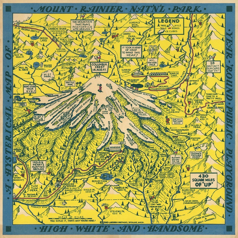 May include: A vintage illustrated map of Mount Rainier National Park in Washington state. The map features a yellow background with green and brown outlines of mountains, rivers, and trails. The map includes the names of various landmarks, including Columbia Crest, Sunrise Lodge, and Longmire's. The text "High, White and Handsome" is at the bottom of the map.