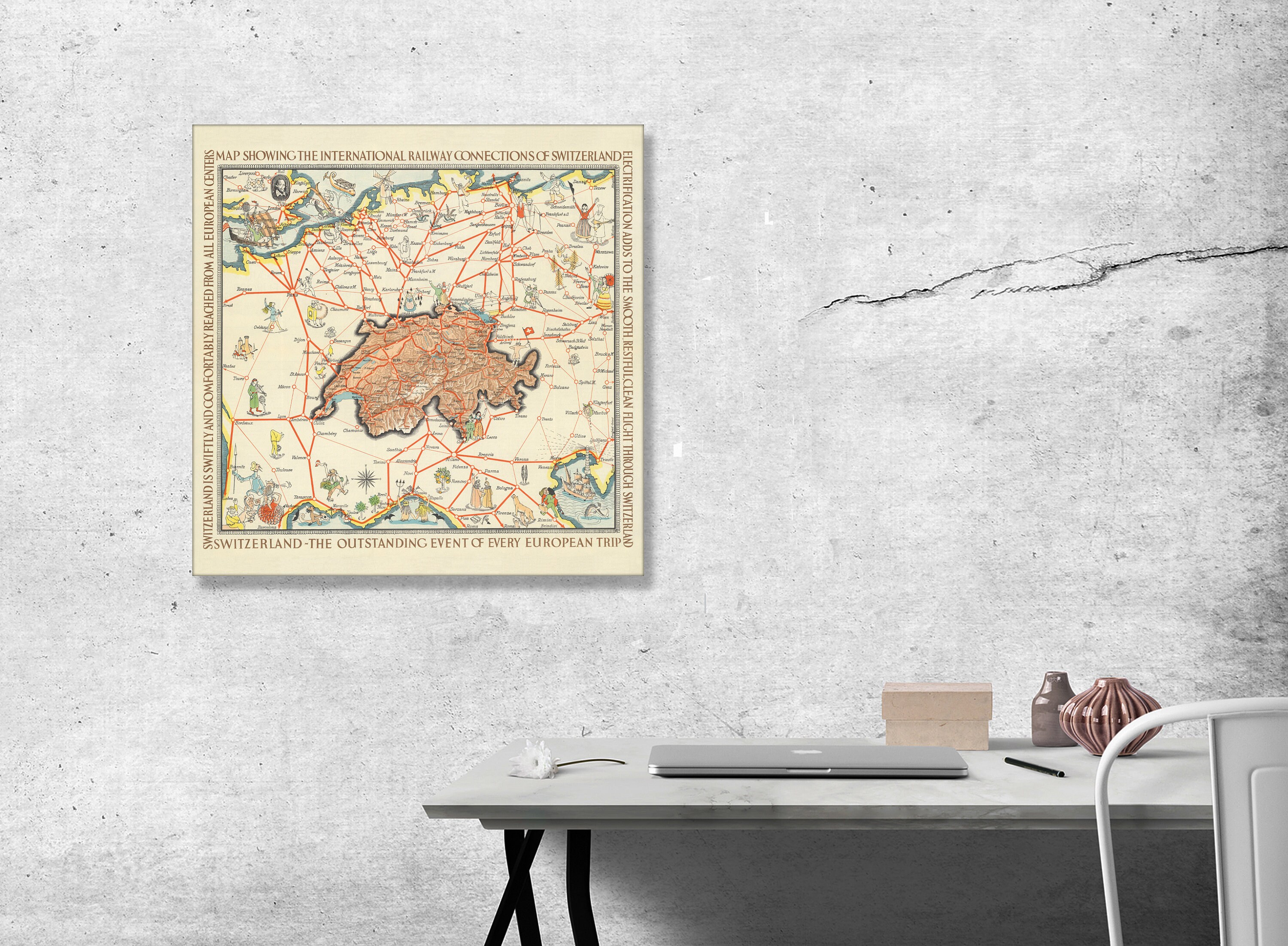 1931 Suiza Mapa - Vintage Suiza Ferrocarril Imprimir - Cuadrado Europa Mapa - Impresión histórica - Suiza Cartel - Arte de decoración de pared antigua