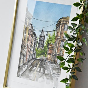 Pittura ad acquerello artistico originale urbano abbozzato di Roma (vista stradale)