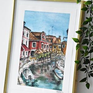 Dipinto ad acquerello artistico originale urbano abbozzato di Burano, Venezia