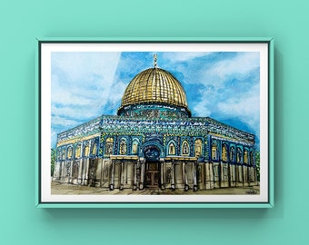 A4 Original Watercolour Al-Aqsa Mosque/Jerusalem Painting Print, Palestine art, Islamic Art, art gift, Eid/ramadan gift