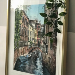 Pittura ad acquerello artistico originale urbano abbozzato di Venezia (vista stradale)